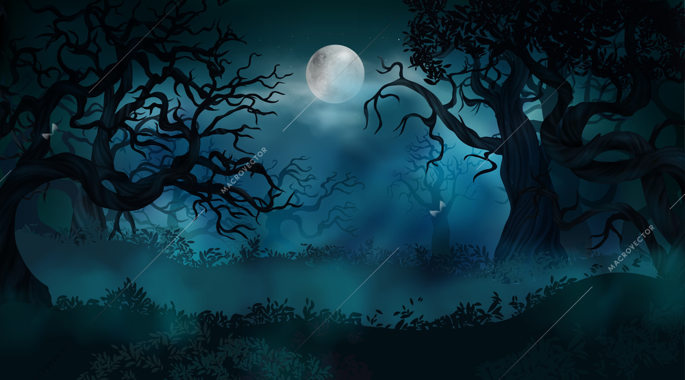 Realistic halloween background with creepy landscape of night sky fantasy forest in moonlight vector illustration