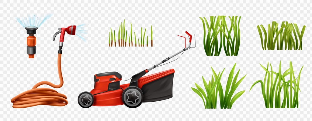 Realistic set with green lawn grass elements modern electric mower and water hose isolated on transparent background vector illustration