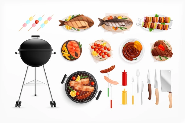 Bbq grill party set with flat isolated images of served meals marshmallow cutlery and outdoor grill vector illustration