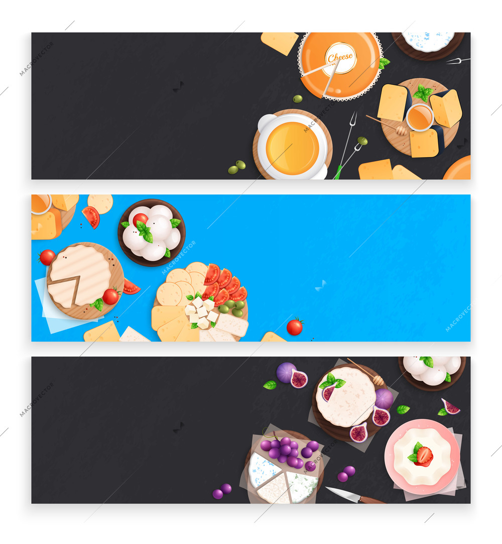 Cheese set of three horizontal banners with flat top view images of sliced gourmet cheese dishes vector illustration