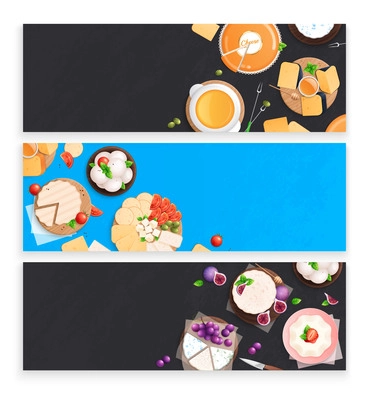 Cheese set of three horizontal banners with flat top view images of sliced gourmet cheese dishes vector illustration