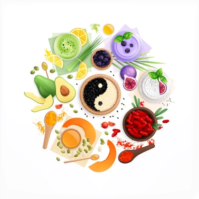 Superfood flat composition with round shape of isolated dishes with ingredients slices of fruits and berries vector illustration