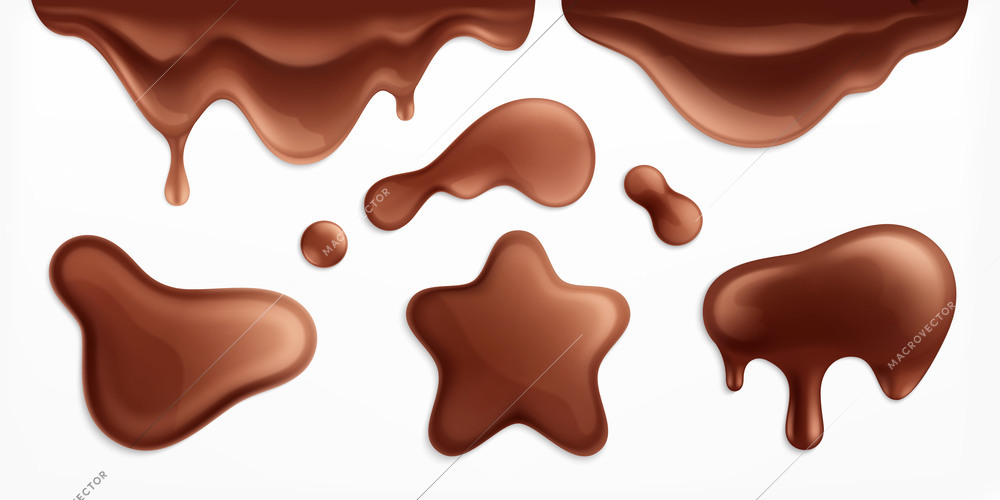Set of isolated realistic images of chocolate blots with brown splashes and spots on blank background vector illustration
