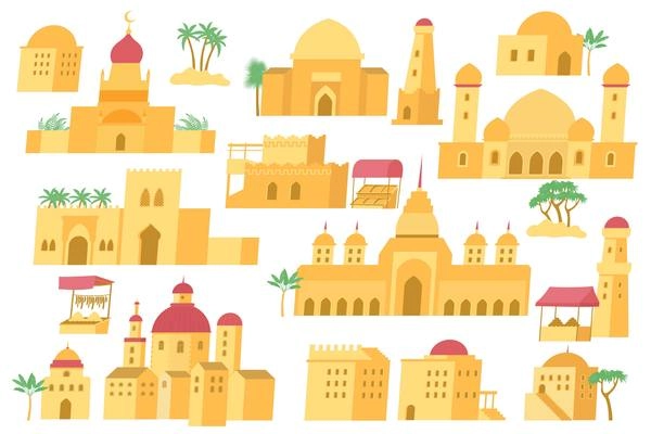Images of the facades of urban buildings in an authentic arab city set flat vector illustration