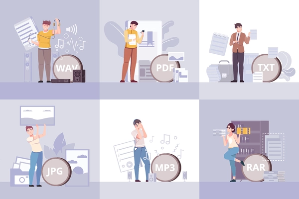 File set of six square compositions with flat human characters of professionals using different file extensions vector illustration