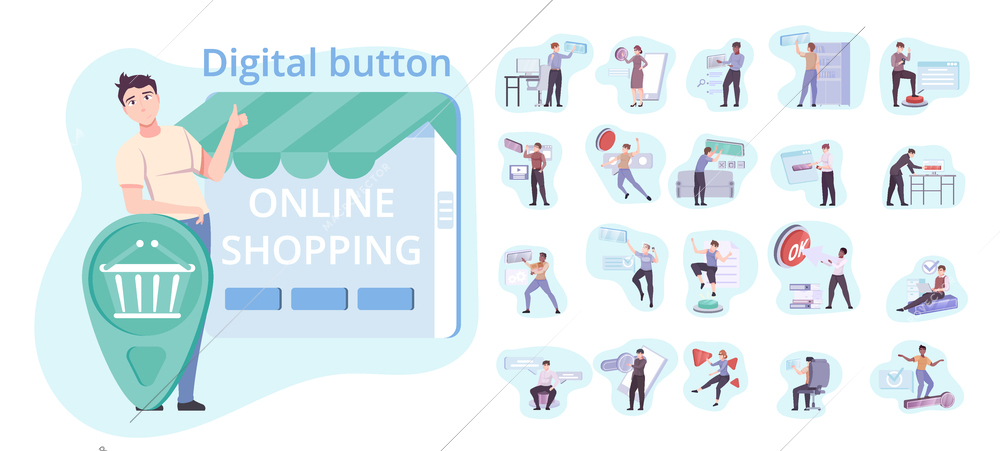 Button set of flat isolated compositions with small human characters touching digital buttons for online shopping vector illustration