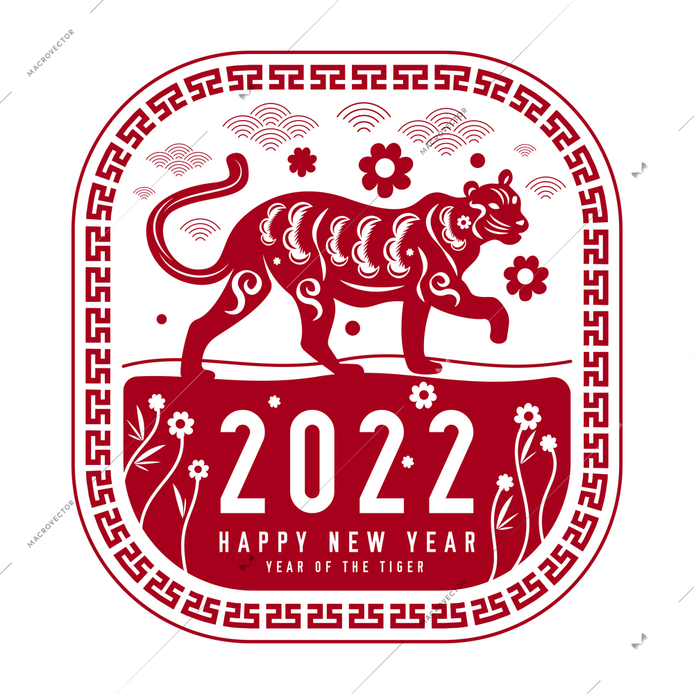 Chinese tiger 2022 zodiac emblem year of tiger and happy new year description vector illustration