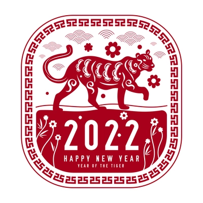 Chinese tiger 2022 zodiac emblem year of tiger and happy new year description vector illustration