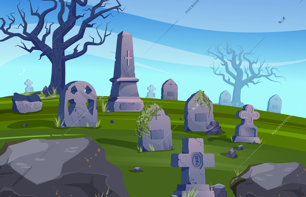 Old cemetery colored composition creepy cemetery during the day with no visitors vector illustration