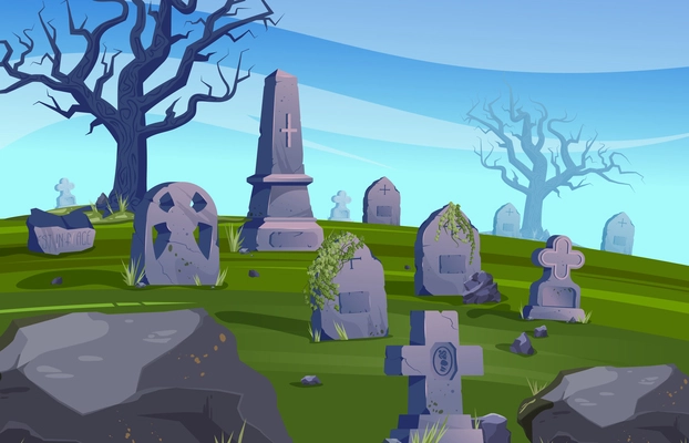 Old cemetery colored composition creepy cemetery during the day with no visitors vector illustration