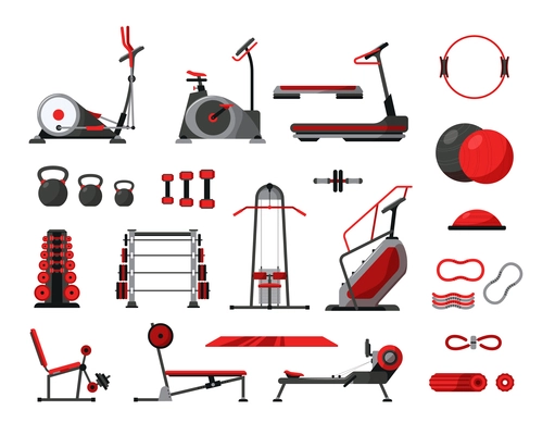 Gym fitness equipment icon set exercise bike elliptical treadmill sports ball resistance band dumbbells and other gym tools vector illustration