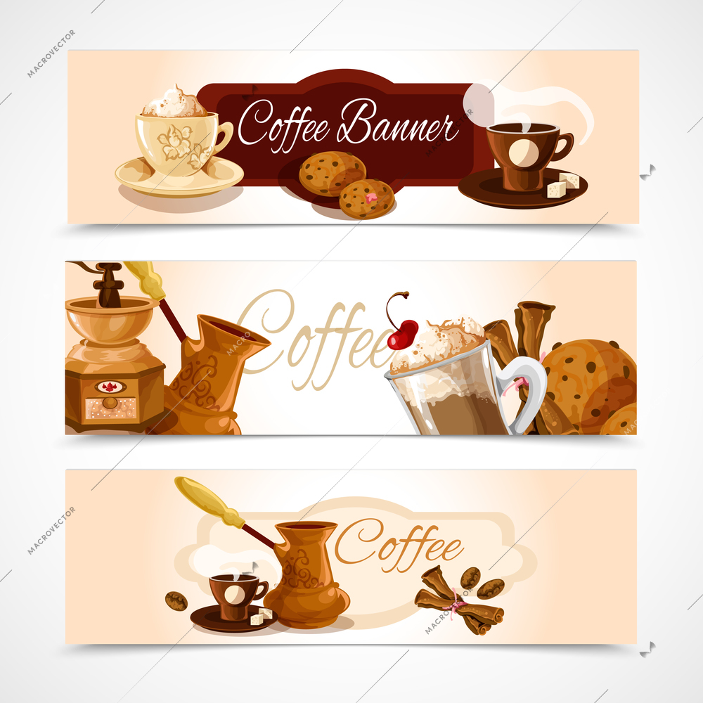 Coffee colored horizontal banners set with latte frappe espresso cappuccino isolated vector illustration