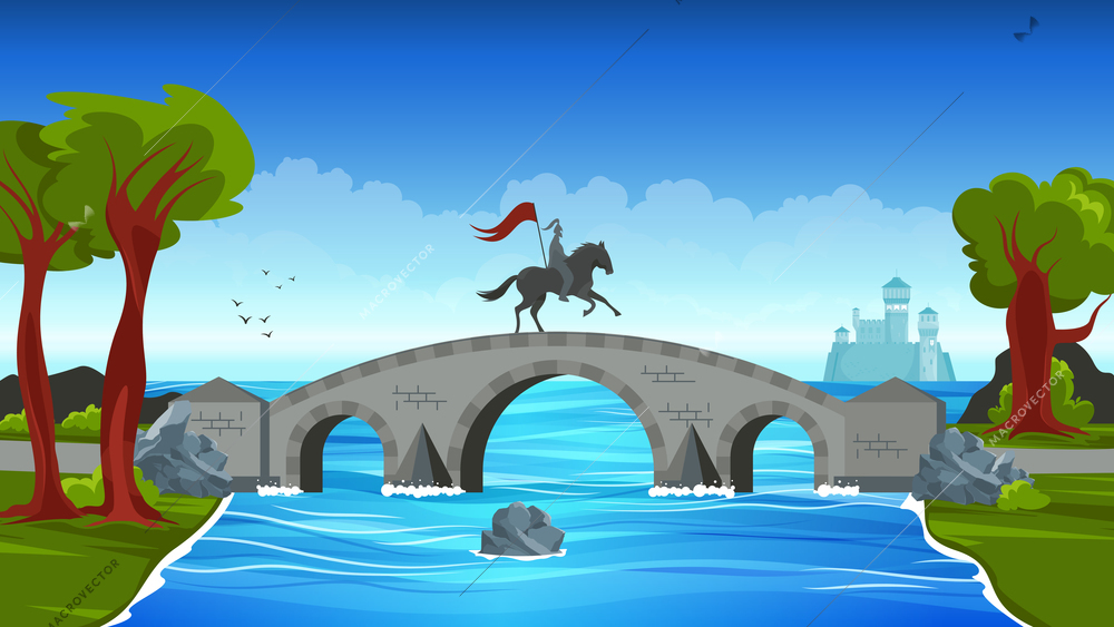 Bridges colored concept small stone bridge linking the two banks and a man on horseback on it vector illustration