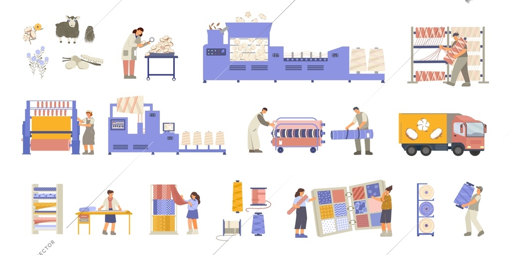 Set of isolated textile factory icons with flat images of fabric rolls plant facilities and workers vector illustration