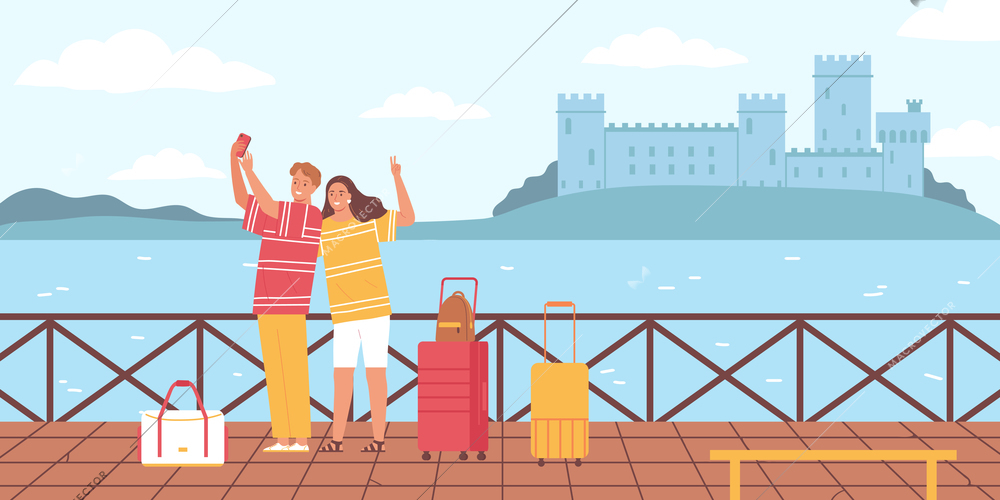 Couple in love tourists trip composition with human characters of lovers making selfie with medieval castle vector illustration