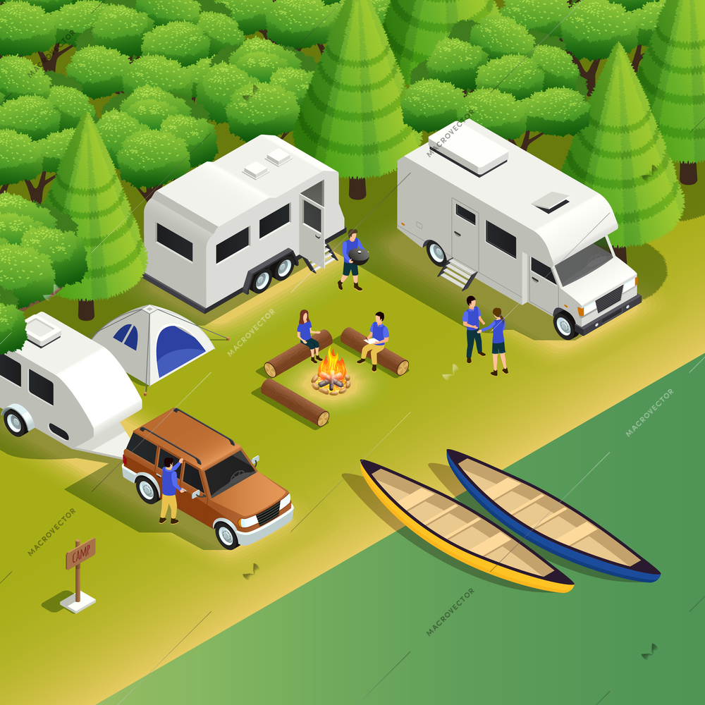 Kayaking canoeing trips campsite isometric composition with allroad vehicle tent camper tourists campfire boats on riverbank vector illustration