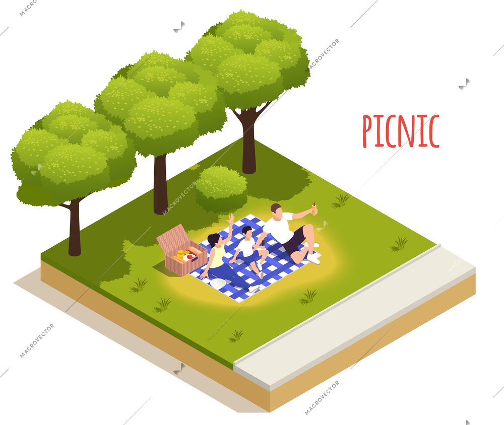 Park outdoor picnic isolated isometric element icon family on gingham tablecloth enjoying snacks from food basket vector illustration