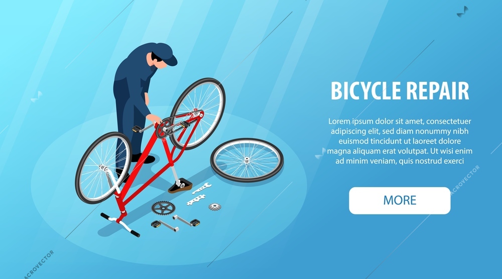 Bicycle repair horizontal banner with wrench and details near dismantled bike and craftsman changing spare isometric vector illustration