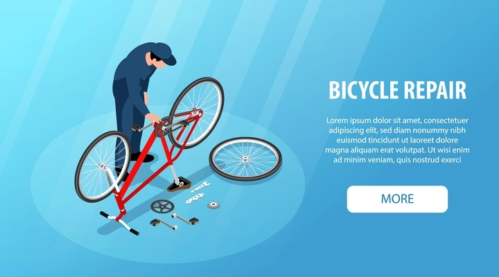 Bicycle repair horizontal banner with wrench and details near dismantled bike and craftsman changing spare isometric vector illustration