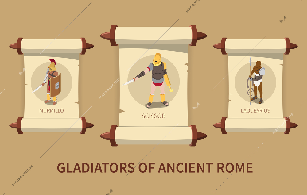 Roman gladiators isometric poster with three ancient papyrus scrolls with male characters using different kinds of weapon vector illustration