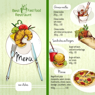 Fast food restaurant menu list with noodles burgers pizza vector illustration