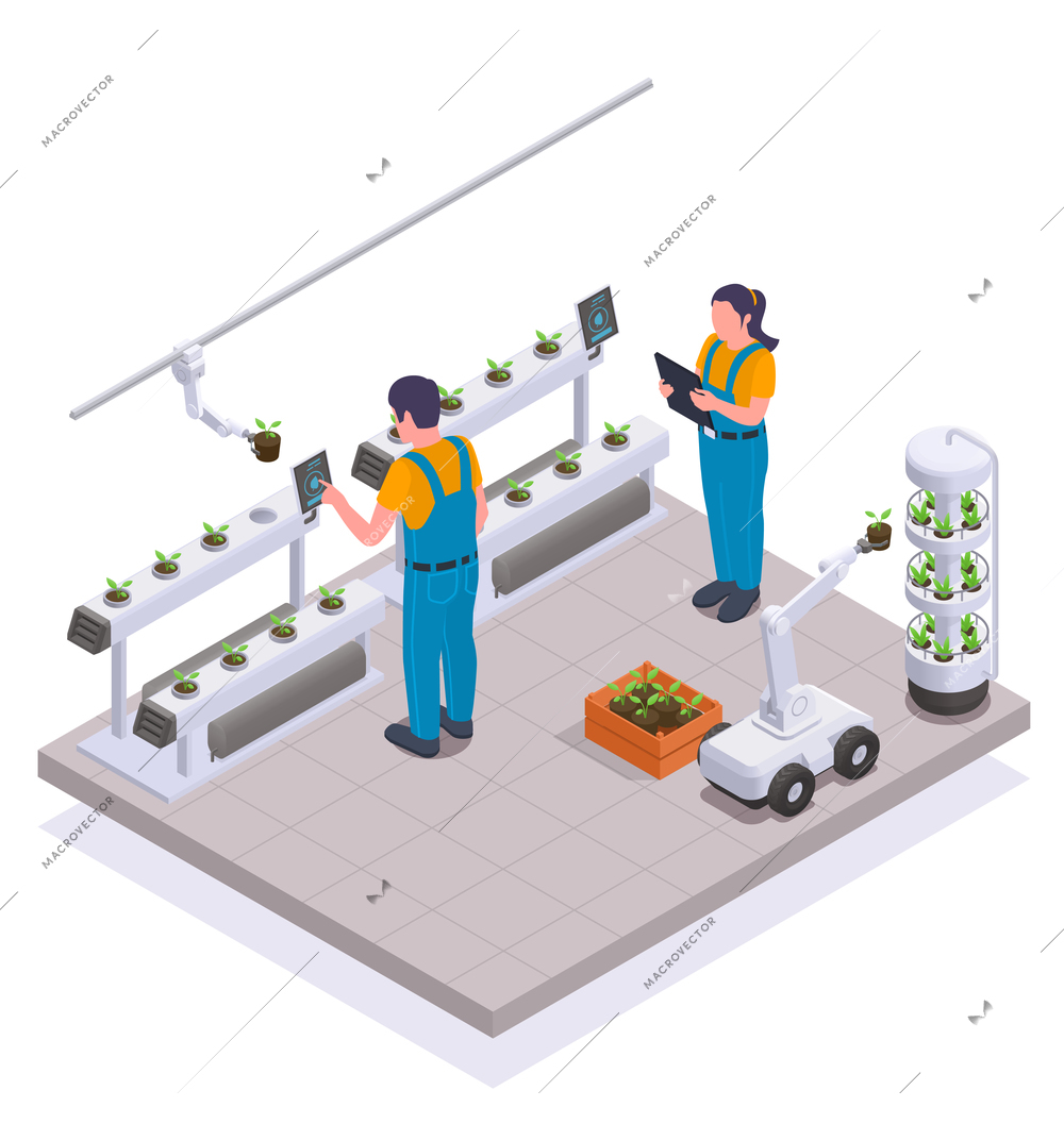 Modern greenhouse isometric and colored concept employees control the operation of smart equipment in room vector illustration