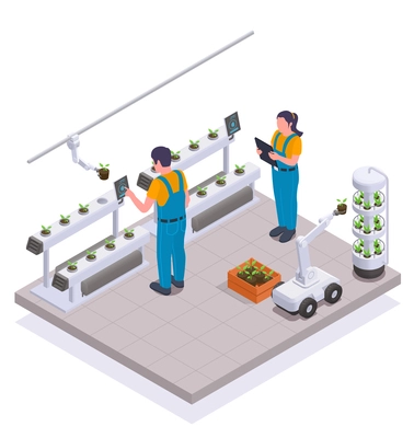 Modern greenhouse isometric and colored concept employees control the operation of smart equipment in room vector illustration