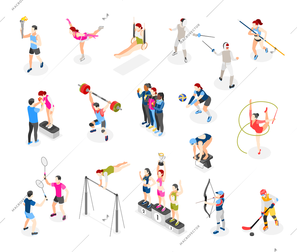 Set of isolated international sport day isometric icons with gymnastic apparatus and characters of performing athletes vector illustration