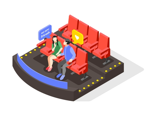 Friendzone isometric composition with view of loving couple sitting in cinema auditorium with rejecting chat bubbles vector illustration