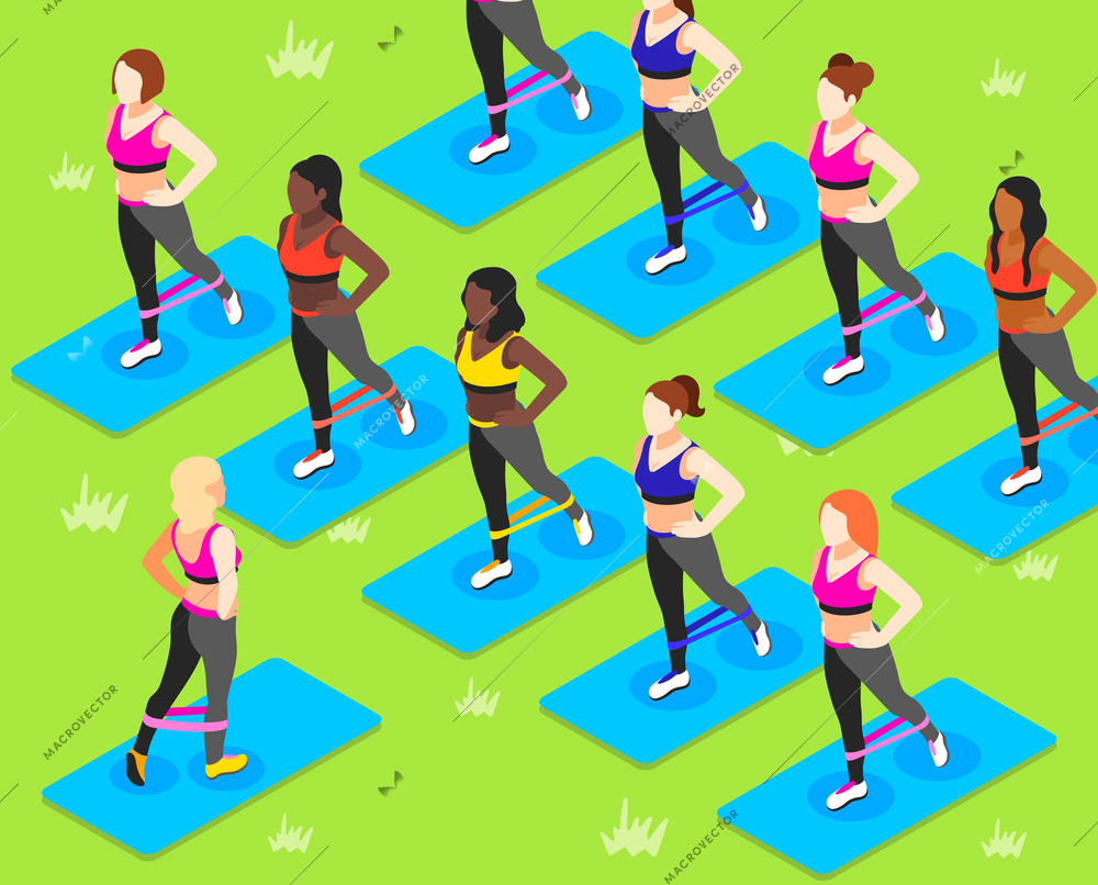 Resistance band exercises isometric background with group of women in sport outfit practicing on mats together vector illustration