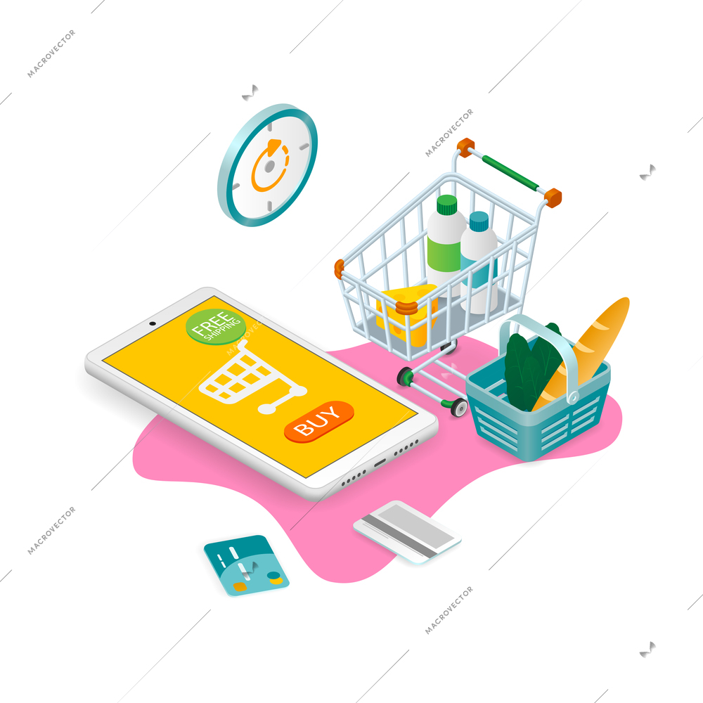 E-commerce mobile shopping composition with images of smartphone buy button and wheel cart with products vector illustration