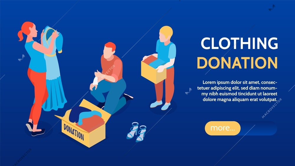 Isometric horizontal banner with volunteers and clothing donations in cardboard boxes 3d vector illustration
