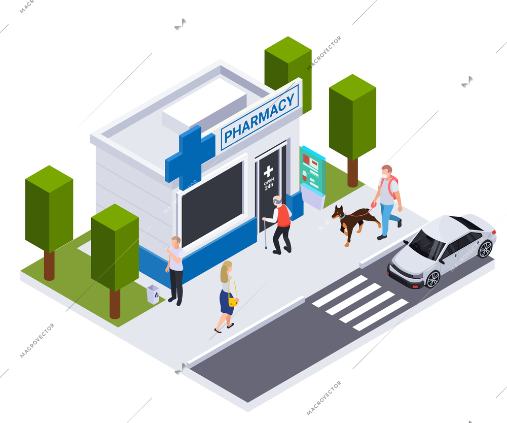 Isometric composition with pharmacy building and human characters on city street 3d vector illustration