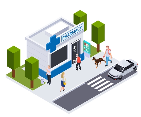 Isometric composition with pharmacy building and human characters on city street 3d vector illustration