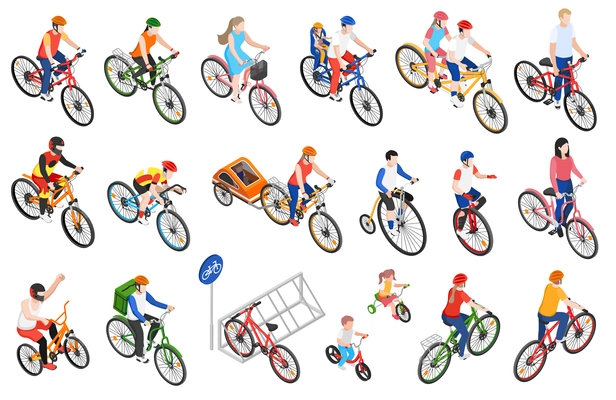 Isometric cycling set with bicycle parking adults and children riding various types of bikes isolated 3d vector illustration