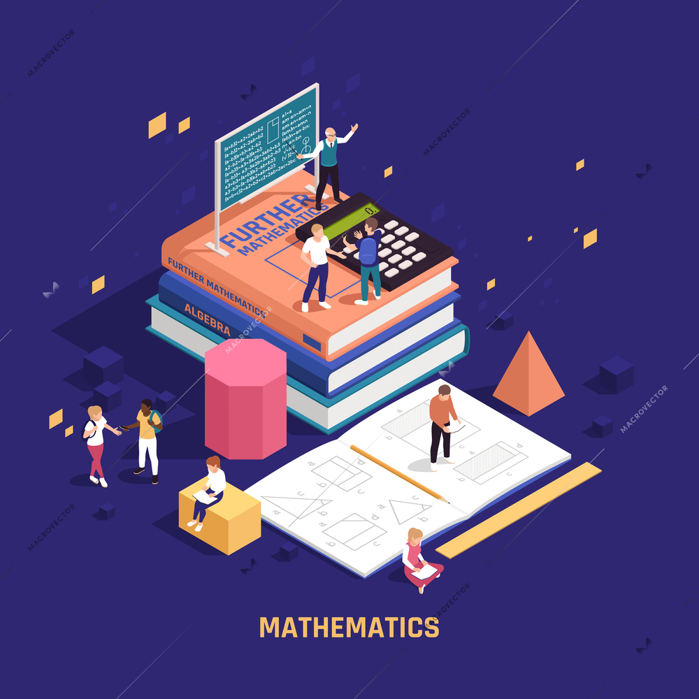 STEM education mathematics program  mathematical practices isometric background composition teacher chalkboard math textbooks geometric figures vector illustration