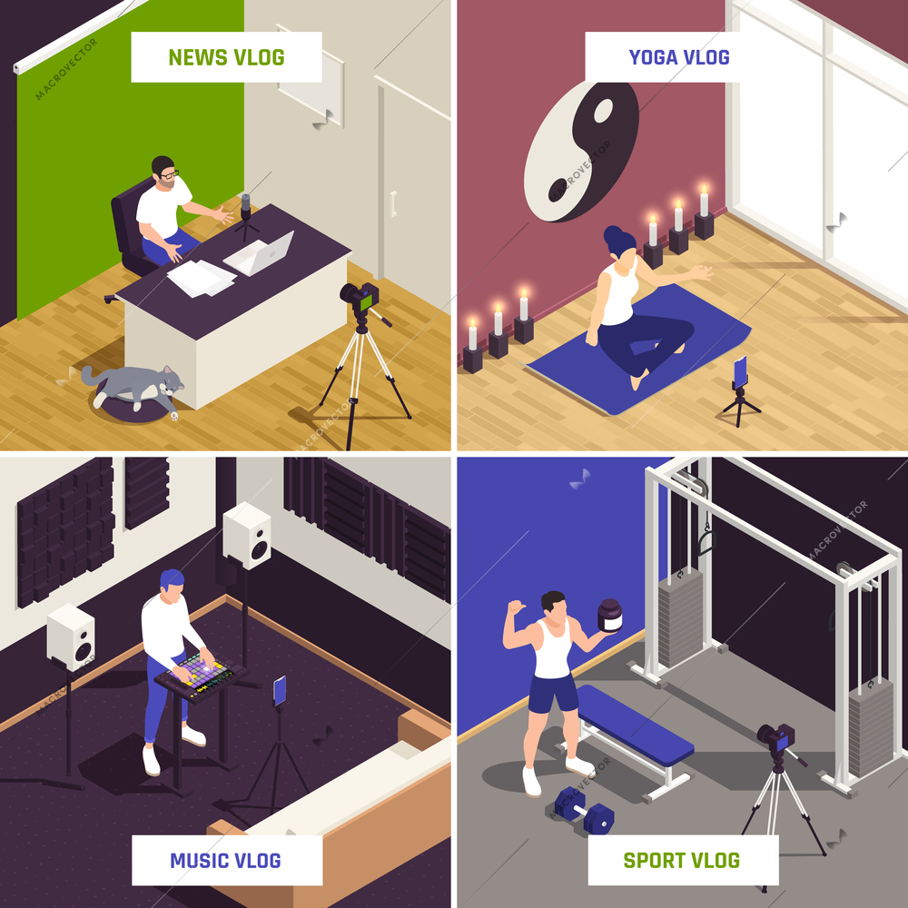 Popular music blogger live streaming relaxation yoga sport fitness vloggers and news presenter isometric compositions vector illustration