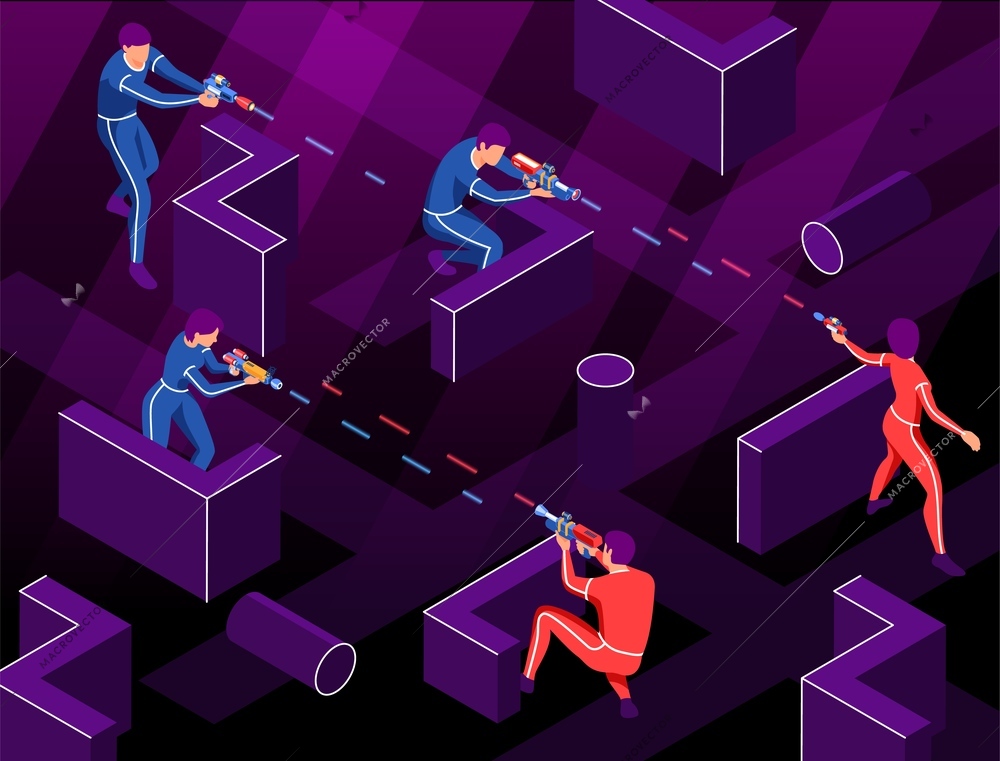 Isometric blaster game composition with characters of players shooting with laser guns surrounded by neon barriers vector illustration