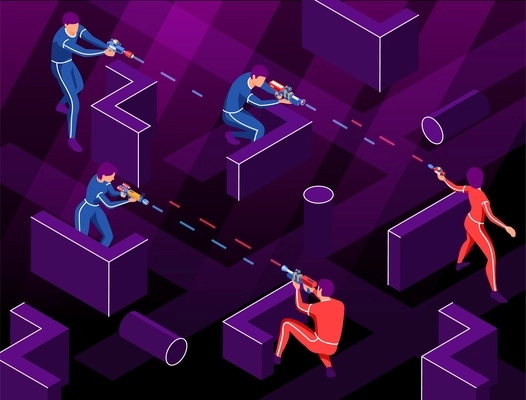 Isometric blaster game composition with characters of players shooting with laser guns surrounded by neon barriers vector illustration