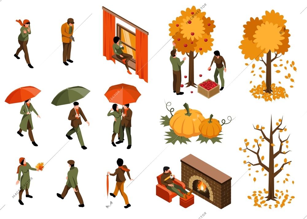 Set with isometric autumn fall cozy icons with human characters images of trees and fallen leaves vector illustration