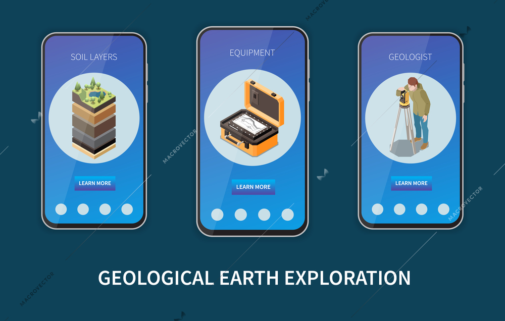 Geology earth exploration isometric colored vertical banner set with soil layers equipments geologist descriptions and learn more buttons vector illustration