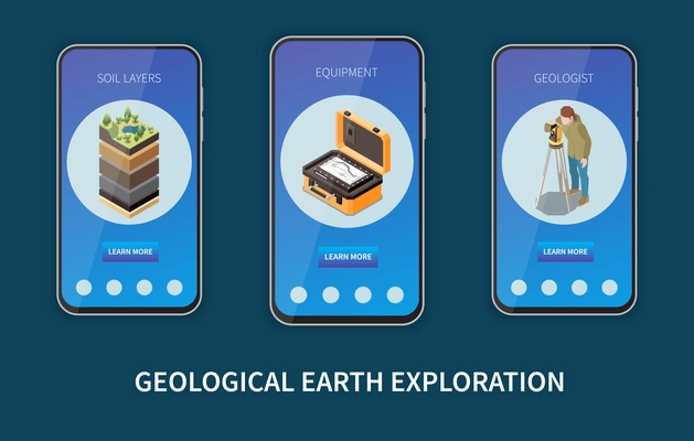 Geology earth exploration isometric colored vertical banner set with soil layers equipments geologist descriptions and learn more buttons vector illustration