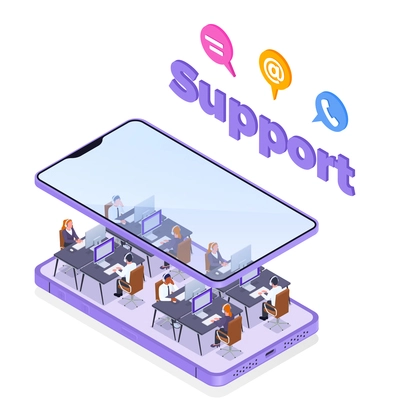 Call center concept with technical support and hotline symbols isometric vector illustration