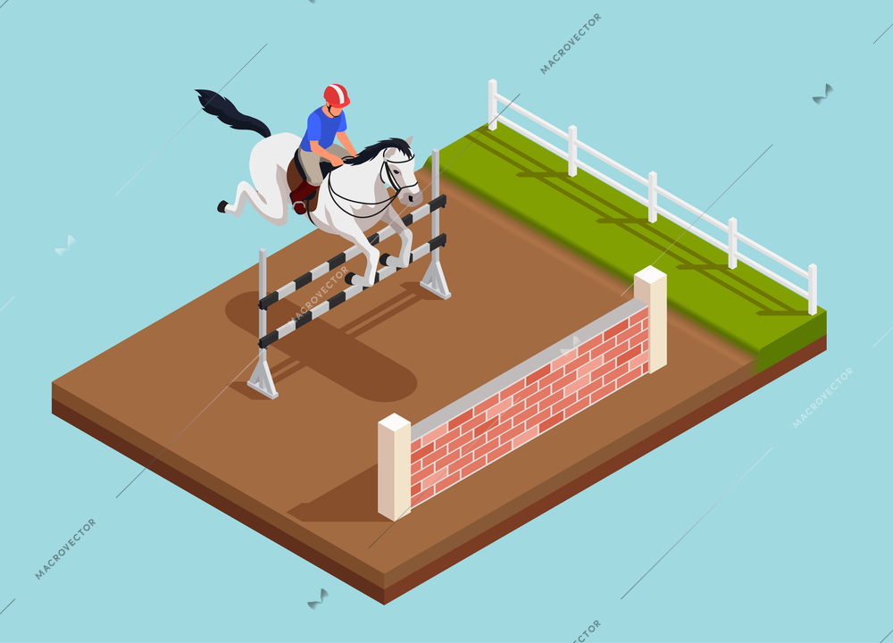 Equestrian horse sport concept with jumping obstacles symbols isometric vector illustration