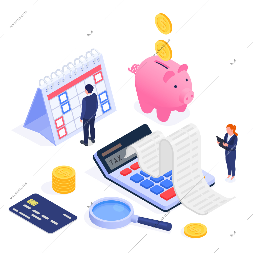 Financial audit concept with banking statement symbols isometric vector illustration