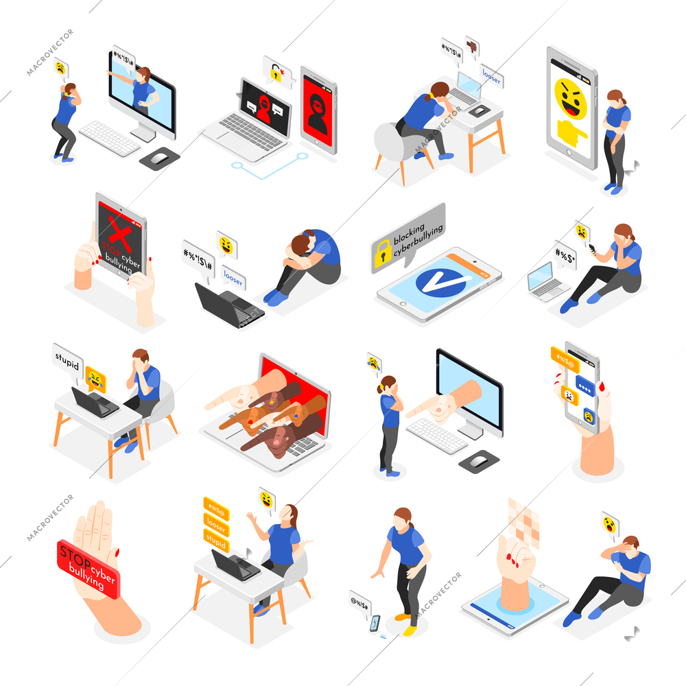 Isometric set with victims of cyber bullying receiving unfriendly messages isolated 3d vector illustration