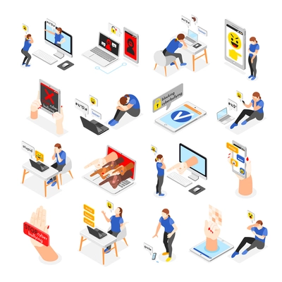 Isometric set with victims of cyber bullying receiving unfriendly messages isolated 3d vector illustration
