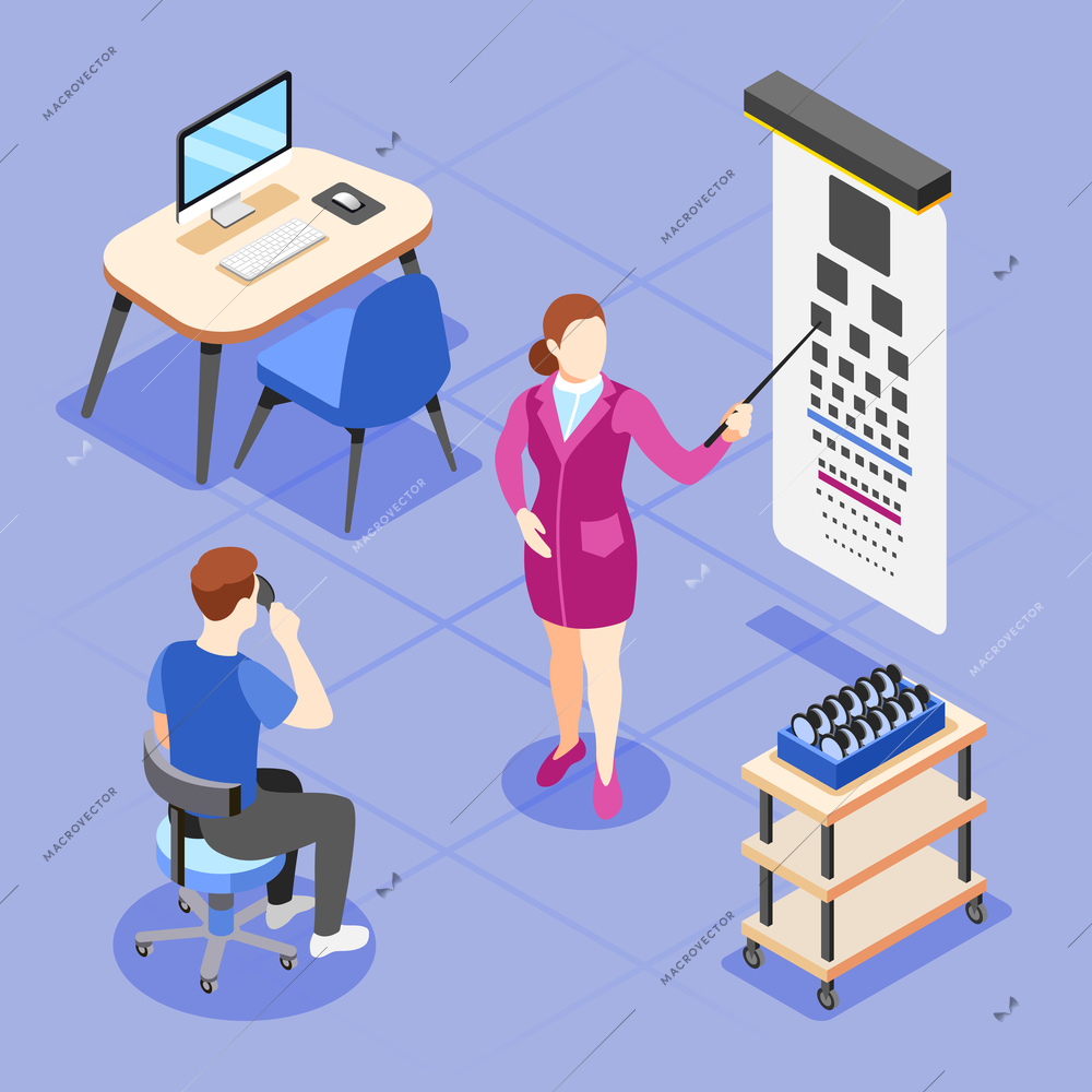 Health checkup isometric composition with man during vision examination tests at ophthalmologists office on color background vector illustration