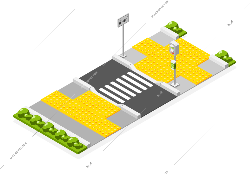 Isometric accessible environment composition with tactile paving near crosswalk for blind people 3d vector illustration
