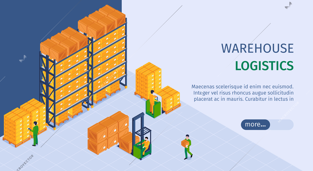 Logistics warehouse service landing page  isometric horizontal web banner with storage facility loader lift workers vector illustration